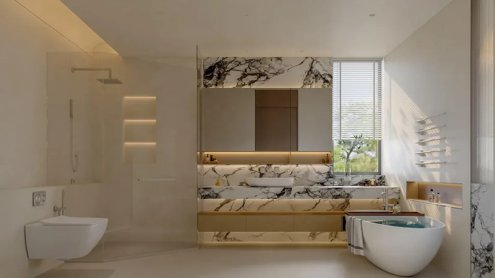Pavimenti e sanitari per B&B, bagno moderno e luminoso con pavimento in gres porcellanato e lavabo di design