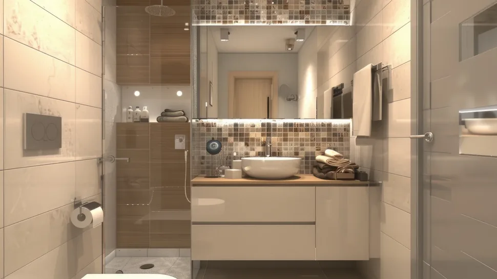 Idee per arredare un bagno piccolo, doccia walk-in e mobile sospeso con lavabo d'appoggio in un bagno stretto e moderno