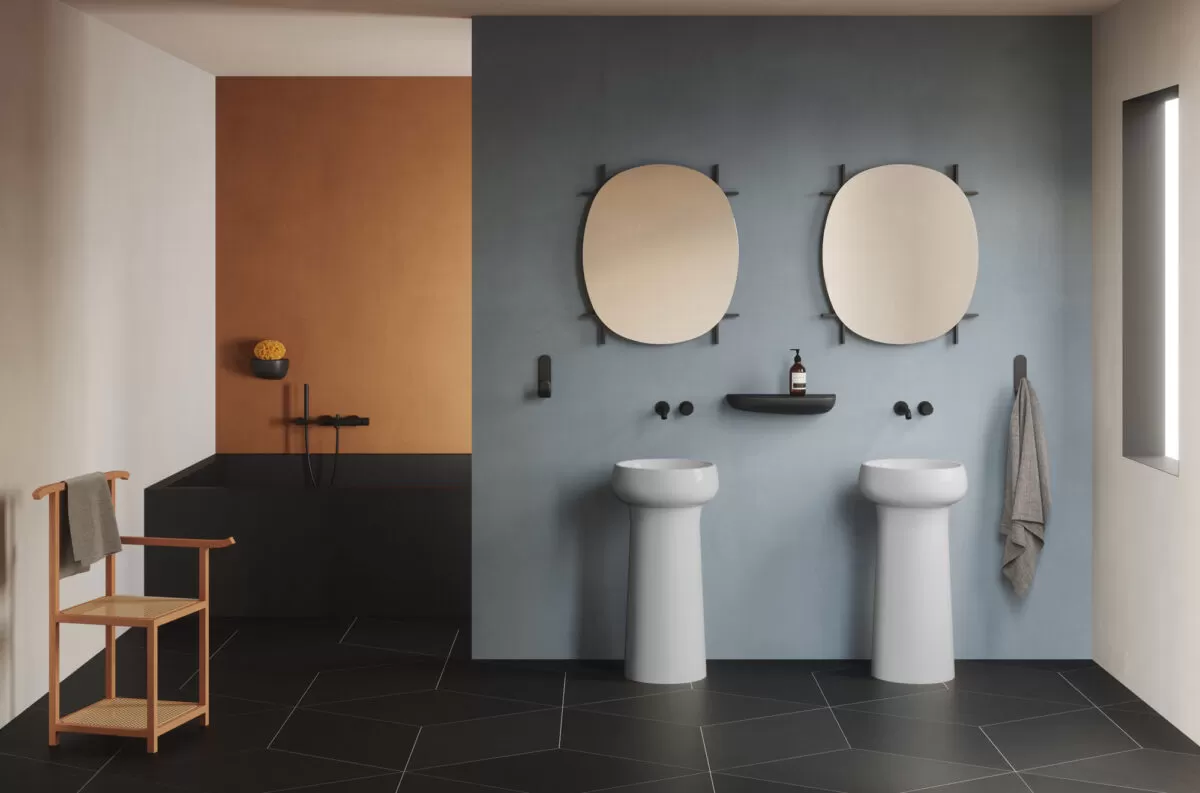 sanitari minimalisti di design con due lavabi in colonna