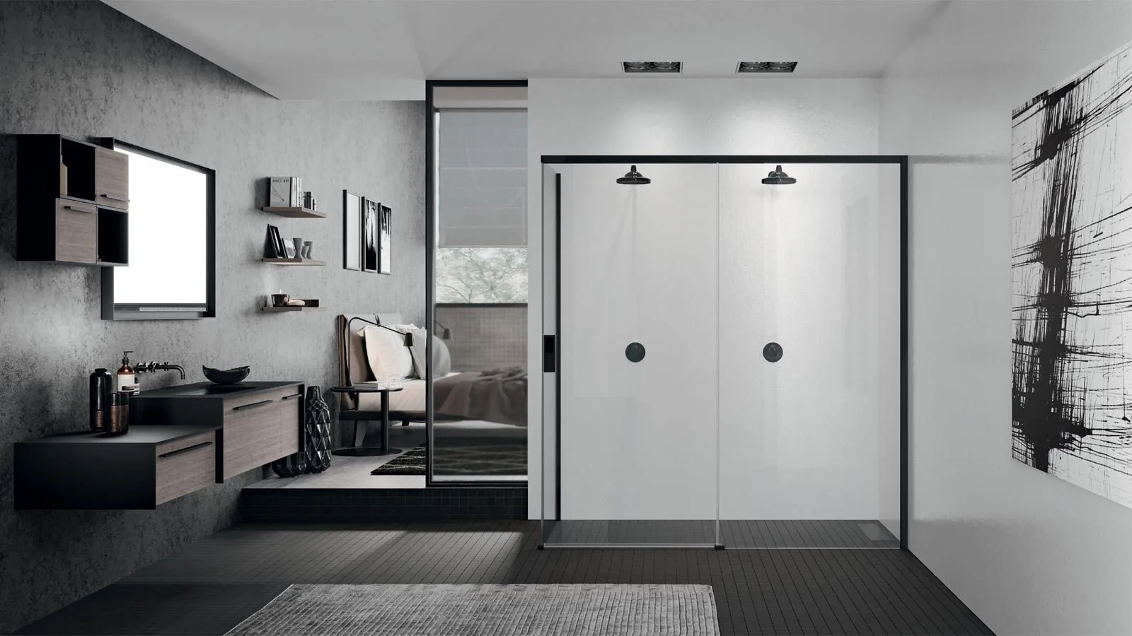 Box doccia con profili neri, vetro trasparente e due soffioni in un bagno moderno