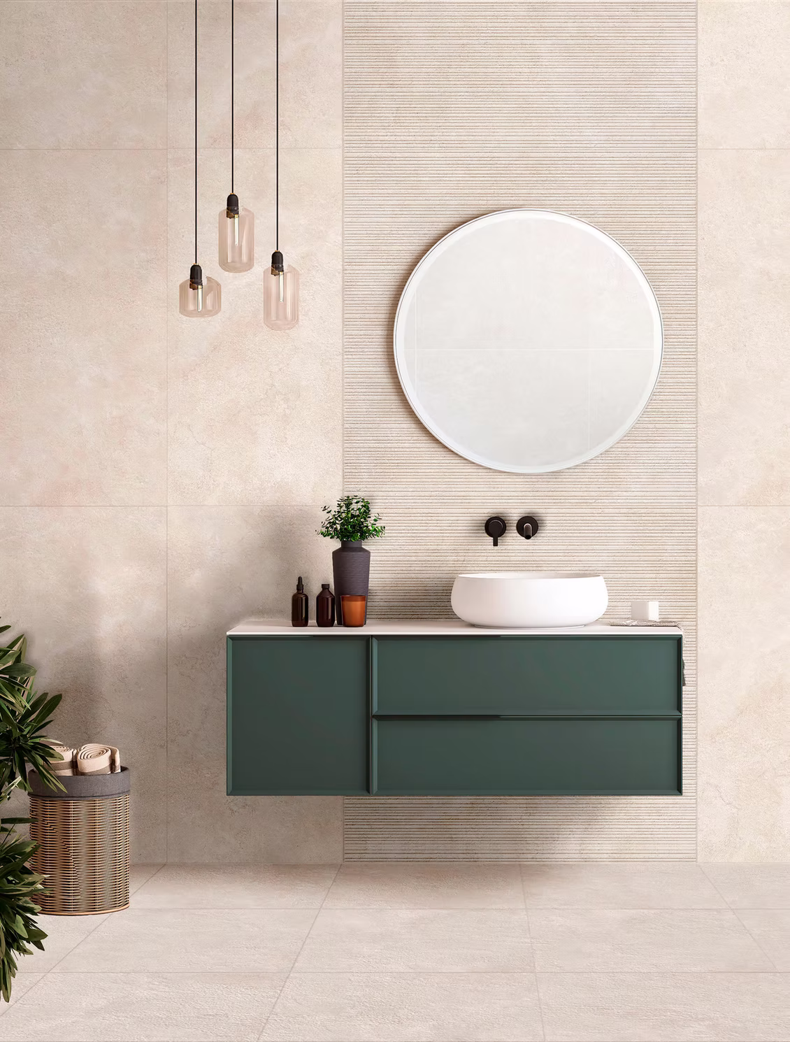 Bagno con piastrelle color terra