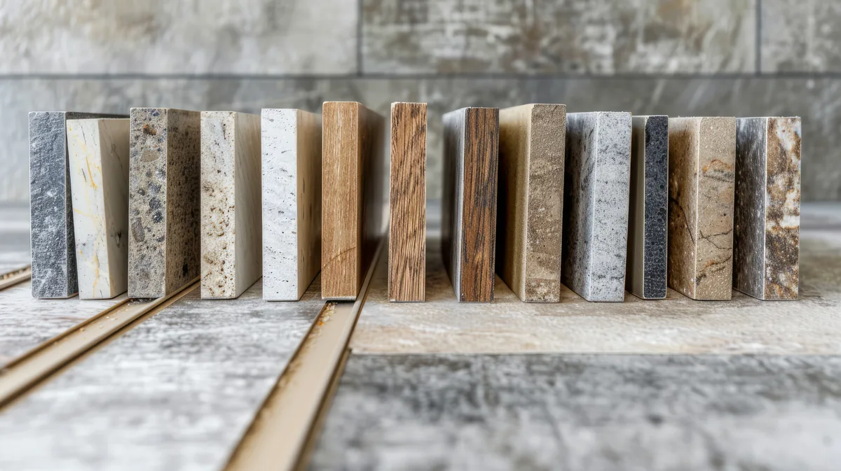 Campioni di piastrelle in gres effetto legno ed effetto pietra affiancati per valutare formati, finiture e abbinamenti