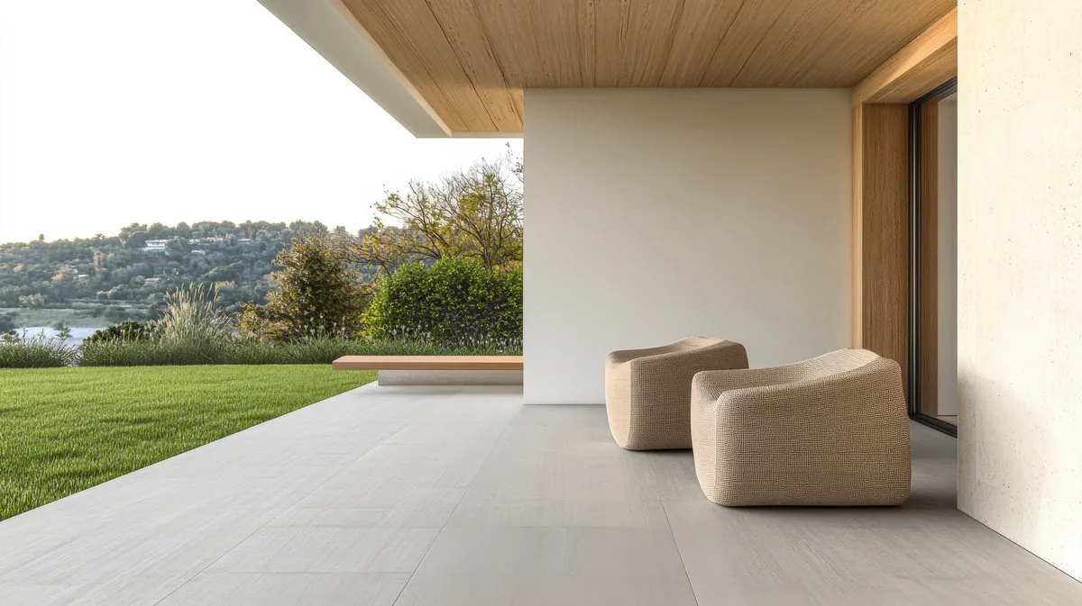 Terrazza esterna pavimentata con piastrelle in gres effetto pietra di grande formato, esempio di come scegliere le piastrelle per terrazze e balconi