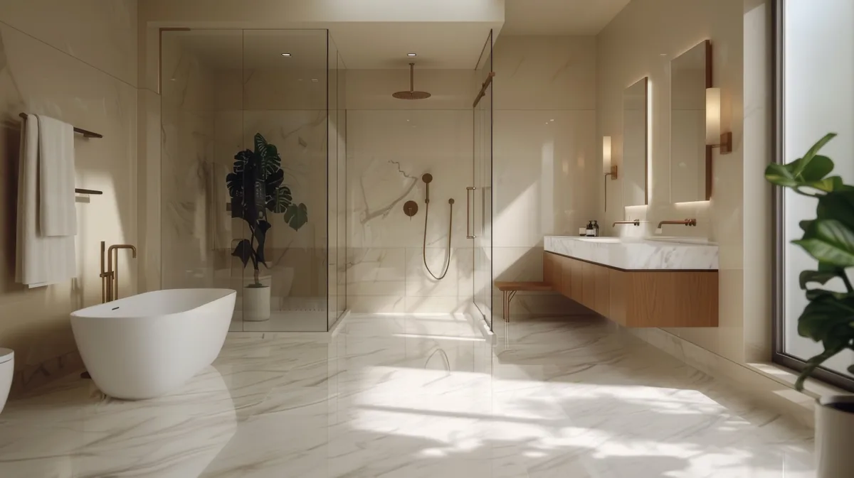 Come scegliere le piastrelle per il bagno, rivestimento e pavimento in gres di grande formato effetto marmo con doccia walk-in