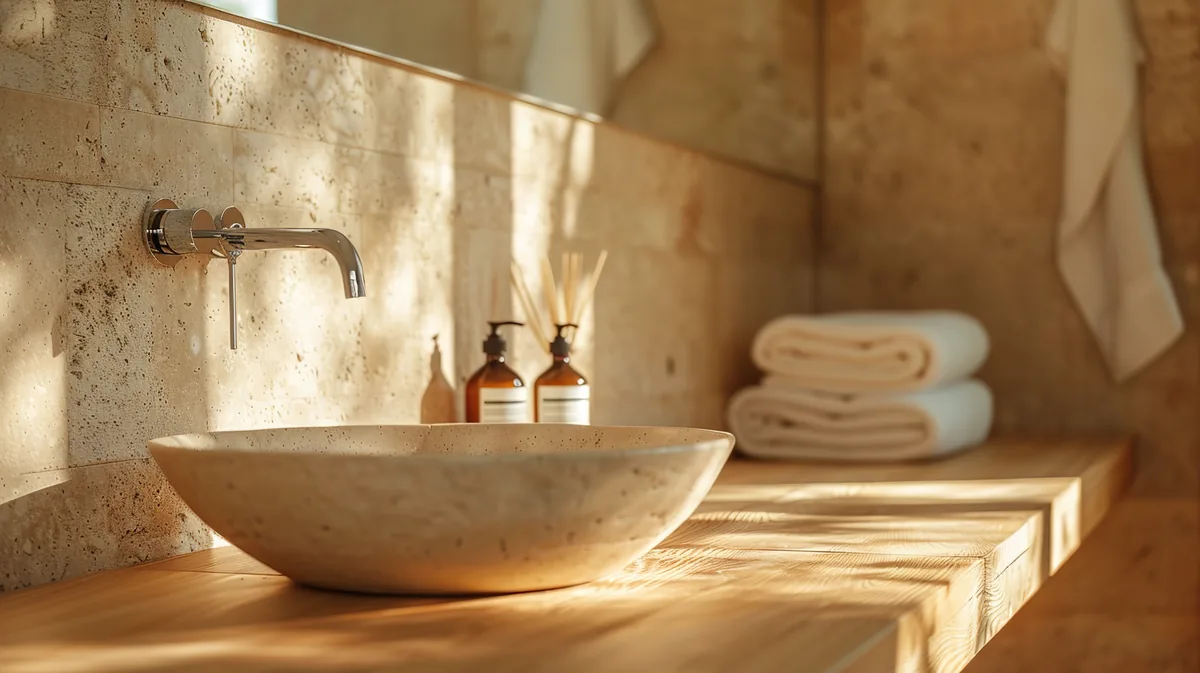 Trend arredo bagno 2027, palette con rivestimento beige caldo, mobile in legno e finiture in metallo spazzolato