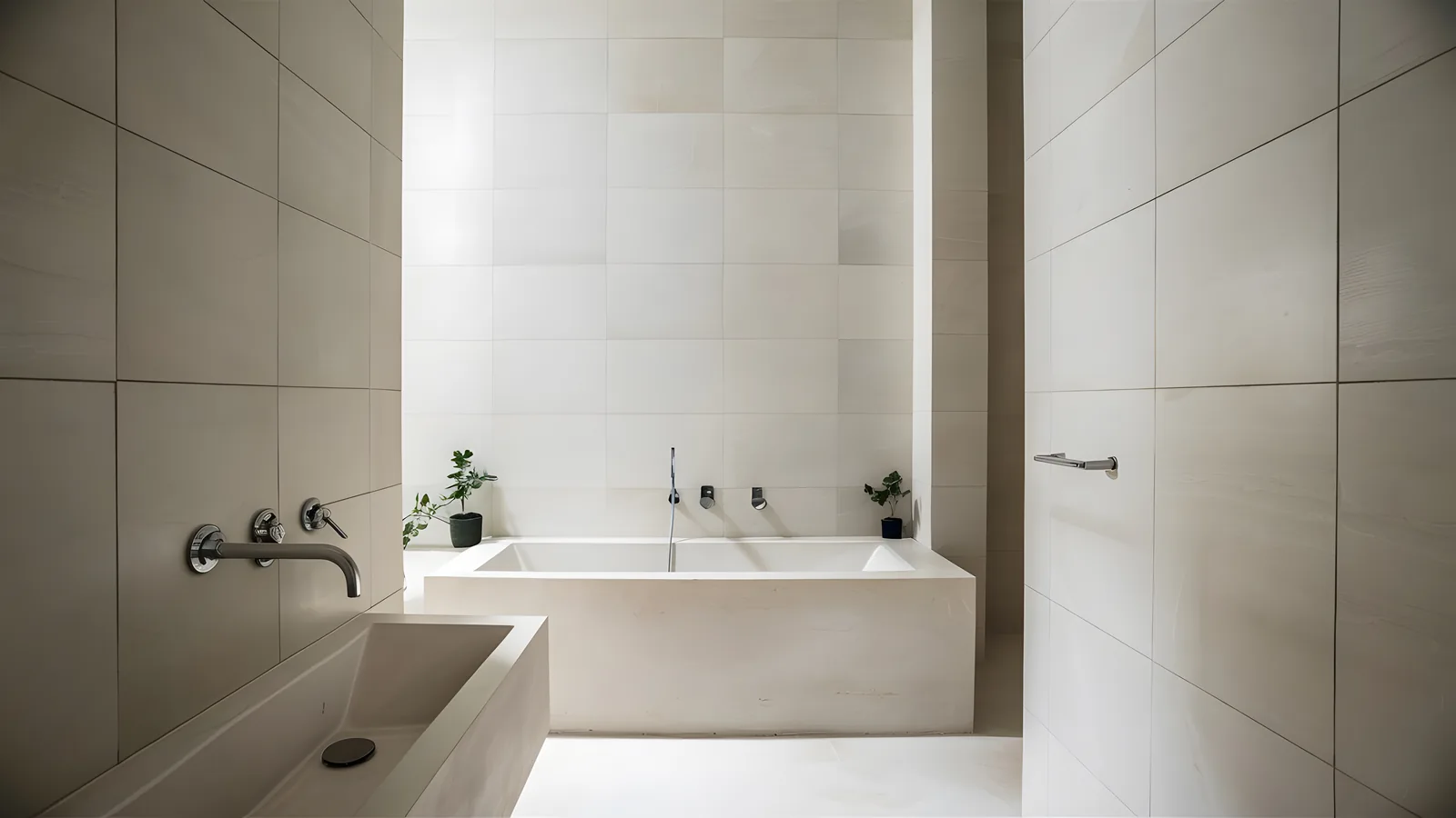 Trend arredo bagno 2027, bagno moderno con rivestimento effetto pietra di grande formato nei toni neutri caldi