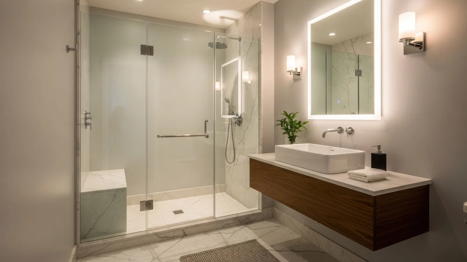 Box doccia a Palermo in vetro senza telaio, bagno moderno con lavabo in legno e specchio illuminato