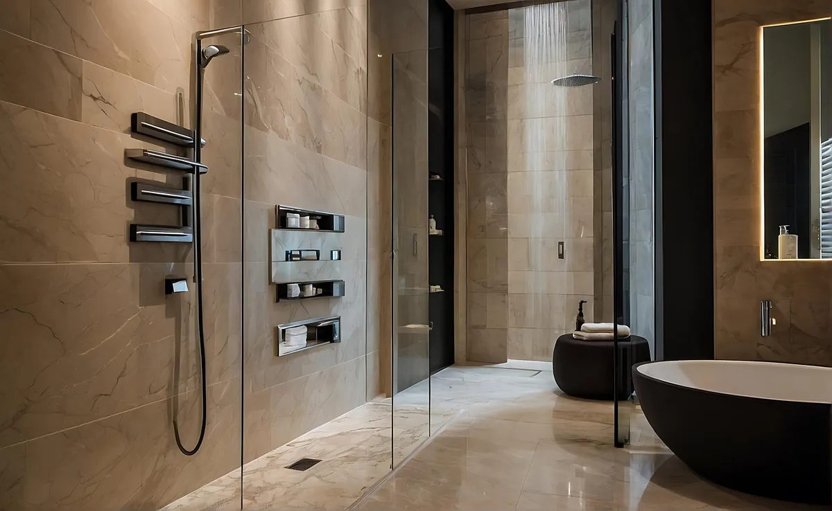 Doccia walk-in in vetro con parete in marmo e soffione a pioggia in un bagno moderno