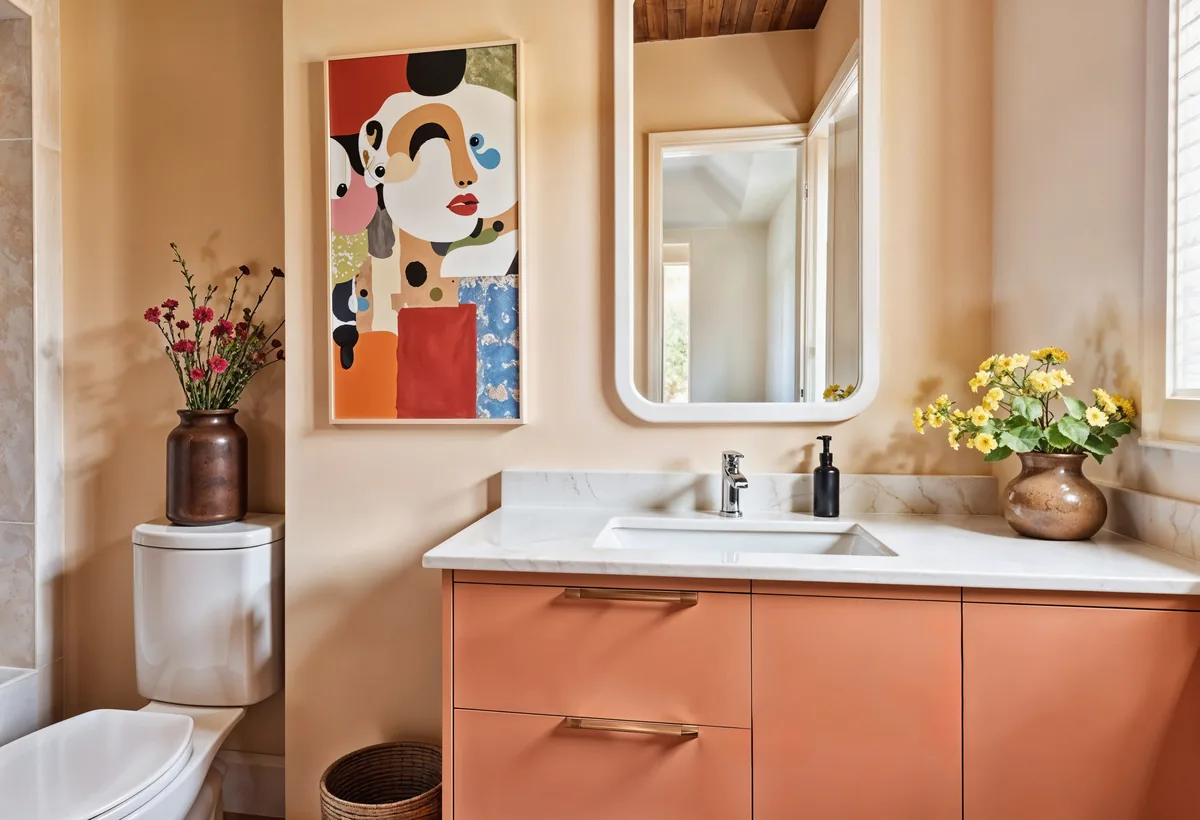 Mobile bagno color corallo con lavabo e specchio, arredo bagno moderno