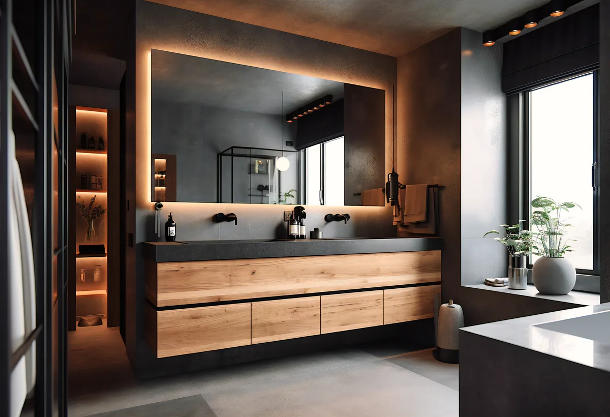 Mobile bagno di design in legno con doppio lavabo e specchio retroilluminato