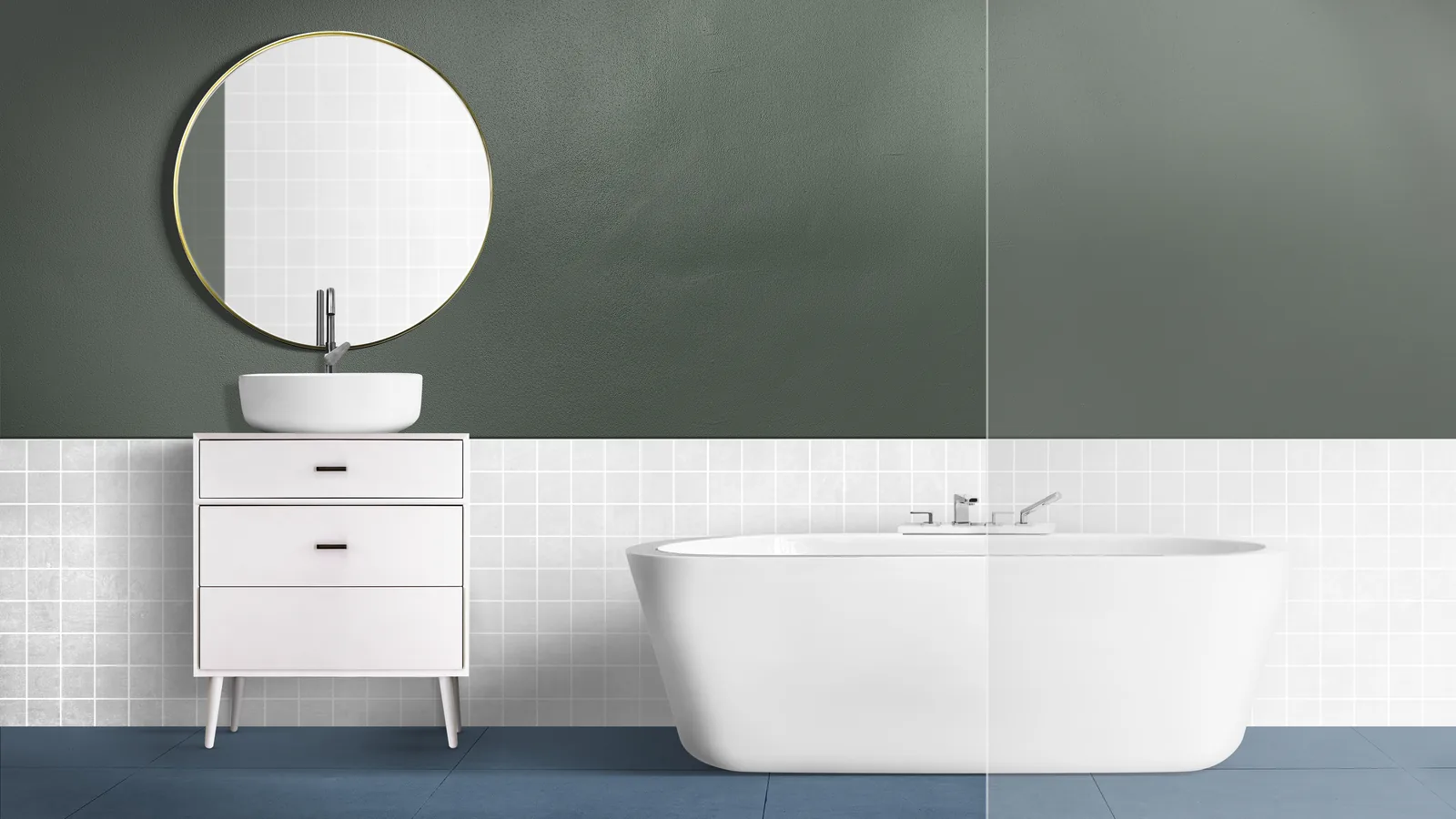 Showroom arredo bagno a Palermo, mobile lavabo moderno con specchio rotondo e vasca freestanding