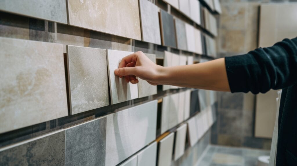 Pavimenti e Rivestimenti Interni. Gres Porcellanato effetto Legno, Piastrelle persons hand carefully selects tile from display variety textures colors are showcased suggesting thoughtful decisionmaking process