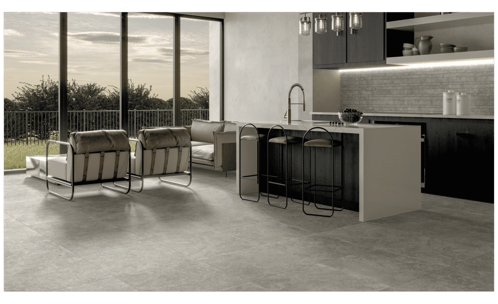 Mariner Theory 60x120 Palermo – Gres Effetto Pietra in Offerta Cucina moderna con Theory Grey 60x60 e Theory Grey Muretto 29x60.