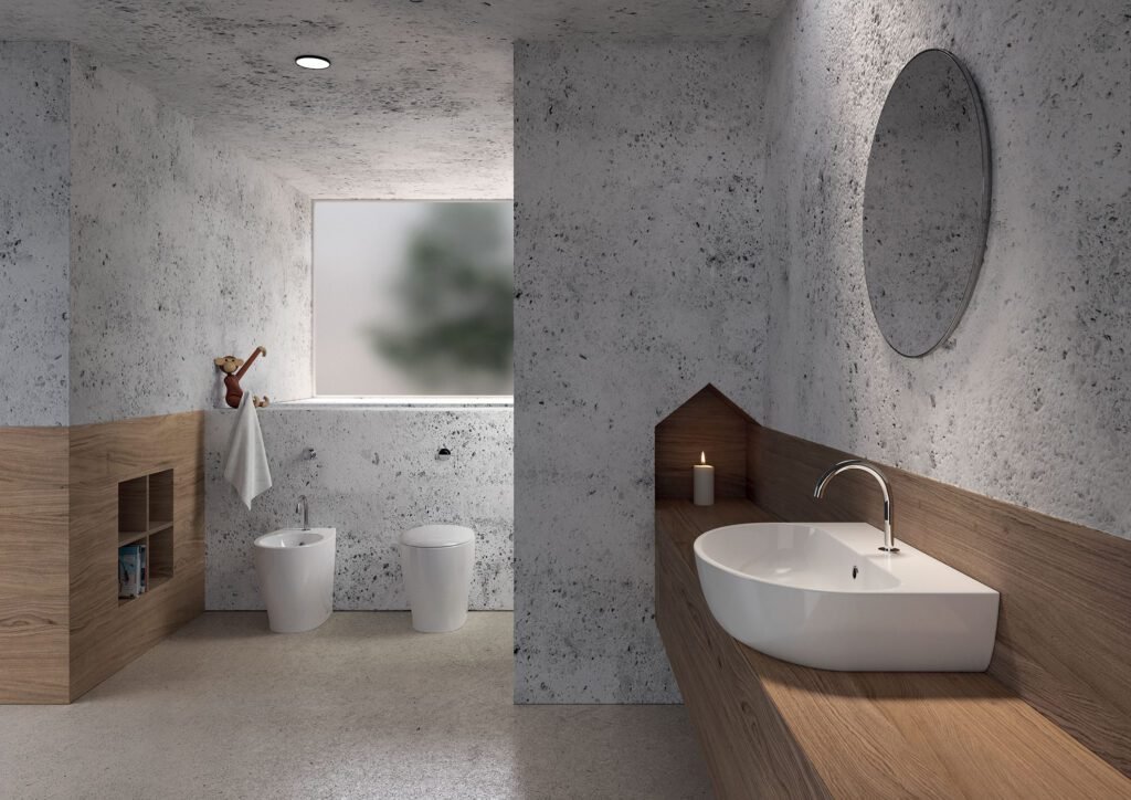 Collezione Mascalzone Domus Falerii con sanitari a terra e lavabo