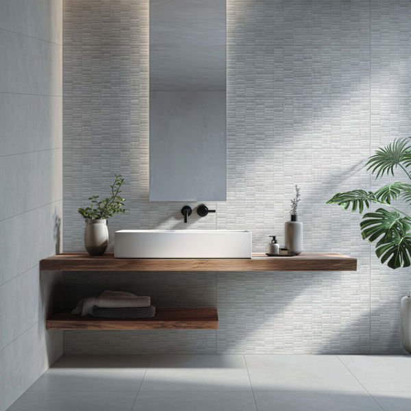 Decoro Indira di Idea Ceramica utilizzato come rivestimento decorativo per il bagno