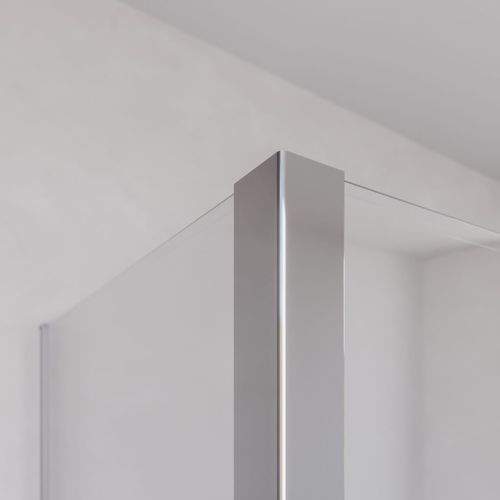 Box doccia separé a specchio View: la bellezza in primo piano nel bagno moderno ettaglio del cristallo a specchio di un box doccia separé moderno