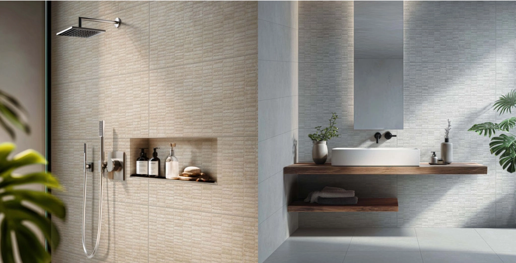 Rivestimento bagno Indira di Idea Ceramica nel formato 33,3x100 con decoro contemporaneo