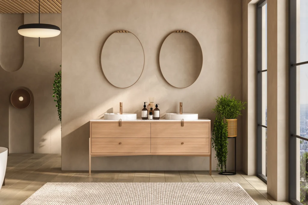 bagno moderno con tonalità neutre calde beige e tortora tendenze 2026