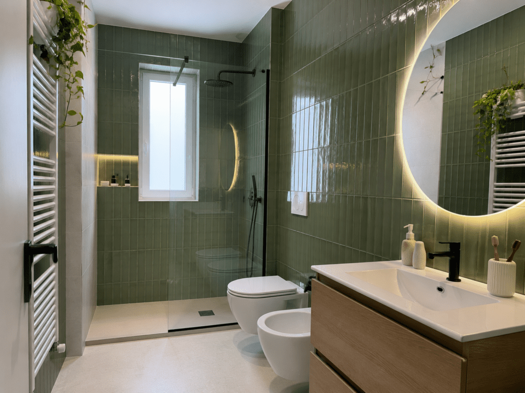 Piastrelle bagno 2026: i colori e le texture più cercati adesso Bagno con piastrelle verdi