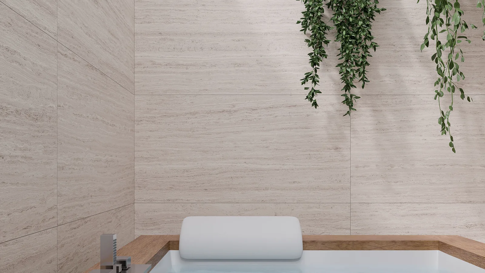 Gres effetto travertino Olimpo Avorio 60x120 posato a parete in un bagno con vasca da incasso