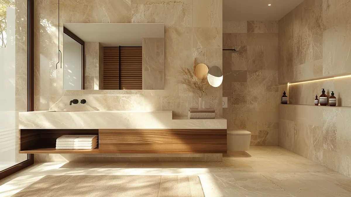 Gres porcellanato beige di grande formato in un bagno piccolo, rivestimento continuo su pareti e pavimento con fughe minime