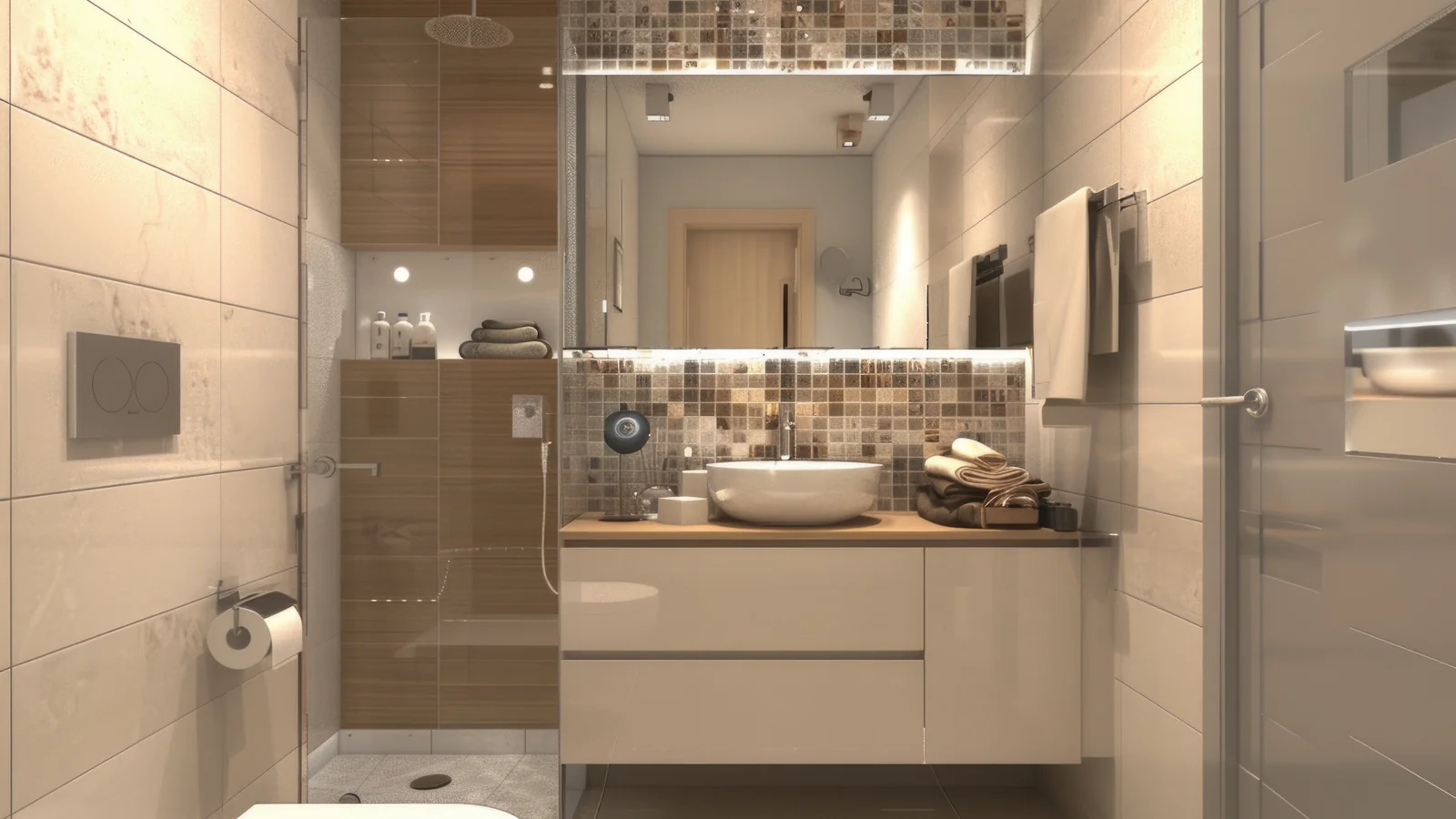 Idee per arredare un bagno piccolo, doccia walk-in e mobile sospeso con lavabo d'appoggio in un bagno stretto e moderno