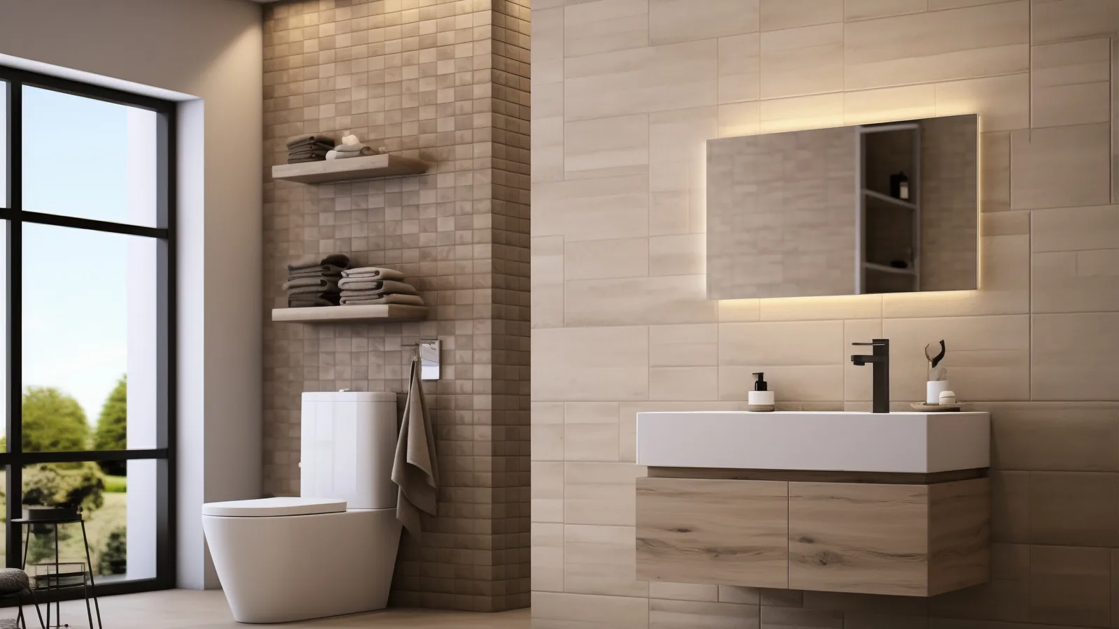 Bagno piccolo e moderno con rivestimento in gres di grande formato e lavabo sospeso, esempio di come ristrutturare un bagno con budget ridotto